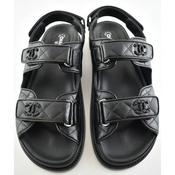 Chanel Black Leather Quilted Chain CC Logo Mule Slide Strap Flat Dad Sandal 36 - Picture 1 of 9